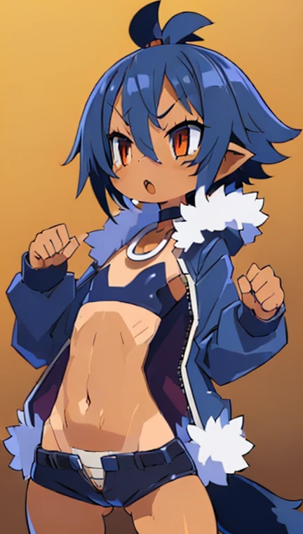Wolfie, solo, girl1, white skin, looking at viewer, smile, leather pant, spiral chest, breast, standing, detailed eyes, detailed face, long ears, earrings, spike caller, sharp teeth, furry shoulders, furry arms, best quality, perfect quality, masterpiece