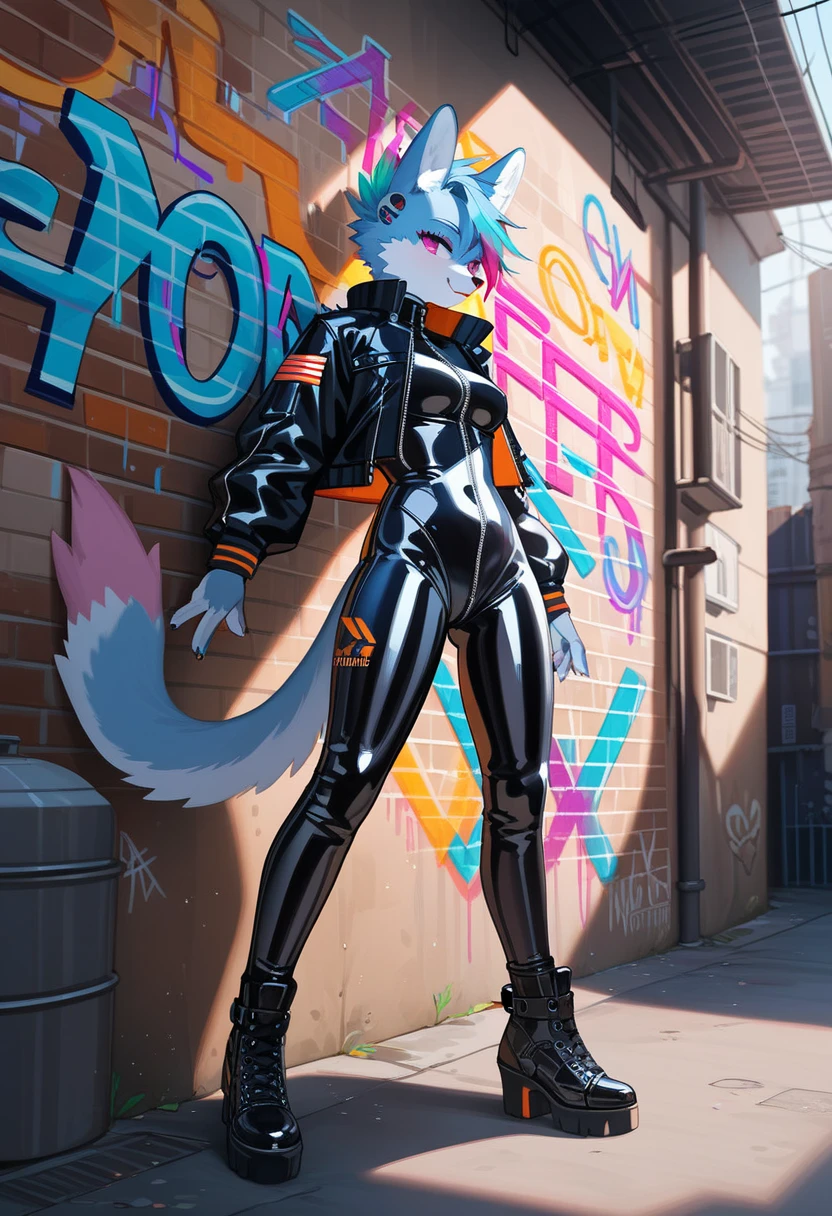 animation, Highest quality, Highest quality, High quality illustrations, masterpiece, Ultra-high resolution, Detailed Background, Alley, Graffiti art on the wall, Absurd, Perfect Anatomy, performance, Good lighting, Shadows in the movies(kemono, Furry Personifi猫ion), White Rubber Suit, latex, neon, neonライト, neonカラー, Bodysuits, Cyber Suit, Leather Half Jacket, cyber punk, Leaning against the wall