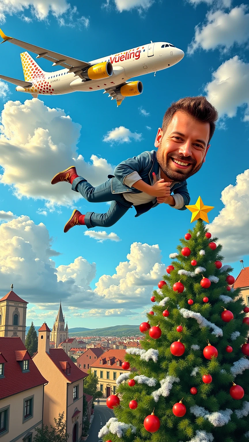 A whimsical caricature of a man hugging a Vueling airplane mid-flight. The airplane is white with yellow details, soaring through a picturesque sky filled with fluffy, vibrant clouds. The scene is viewed from above, revealing a charming French village below, adorned with festive Christmas decorations. A magnificent Christmas tree nearly touches the clouds, creating a magical atmosphere. Vibrant colors, cartoonish exaggeration, and a joyful holiday ambiance.
