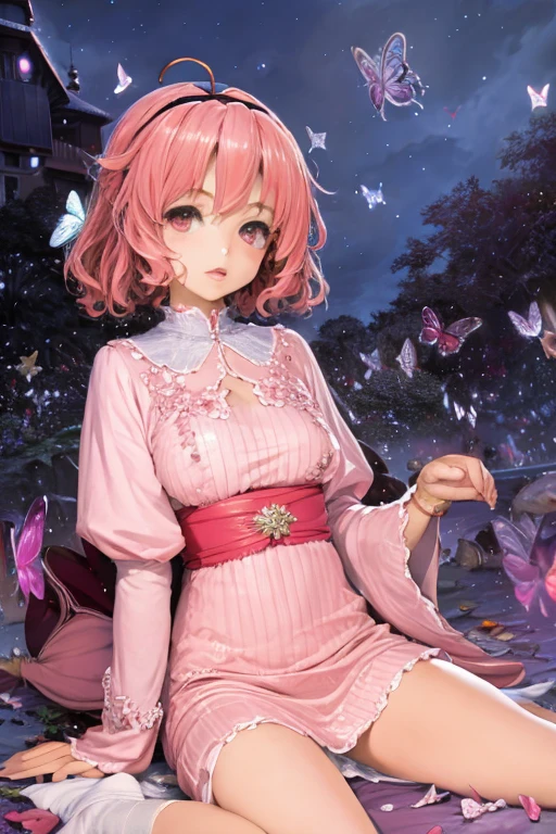 masterpiece, , High Definition , best quality,8k,Girl ，1girl in, Solo, (Saigyouji Yuyuko, butterfly, bug, hat, Pink hair, Triangular headpiece, Night, Pink eyes, Short hair, komono, Wide sleeves, )