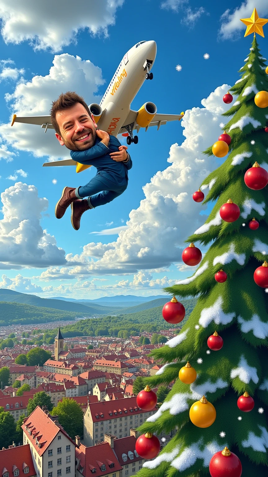 A whimsical caricature of a man hugging a Vueling airplane mid-flight. The airplane is white with yellow details, soaring through a picturesque sky filled with fluffy, vibrant clouds. The scene is viewed from above, revealing a charming French village below, adorned with festive Christmas decorations. A magnificent Christmas tree nearly touches the clouds, creating a magical atmosphere. Vibrant colors, cartoonish exaggeration, and a joyful holiday ambiance.
