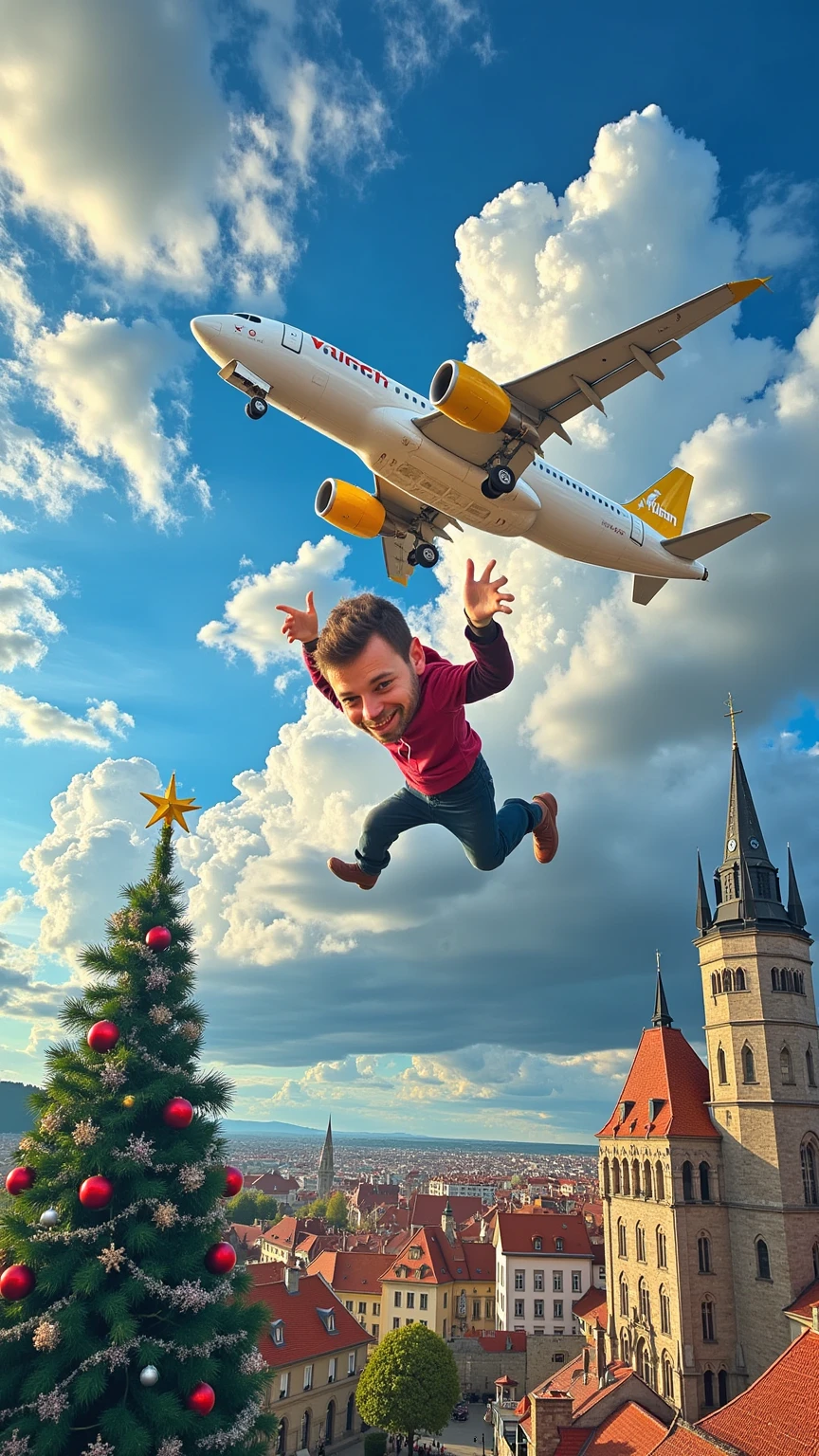 A whimsical caricature of a man hugging a Vueling airplane mid-flight. The airplane is white with yellow details, soaring through a picturesque sky filled with fluffy, vibrant clouds. The scene is viewed from above, revealing a charming French village below, adorned with festive Christmas decorations. A magnificent Christmas tree nearly touches the clouds, creating a magical atmosphere. Vibrant colors, cartoonish exaggeration, and a joyful holiday ambiance.
