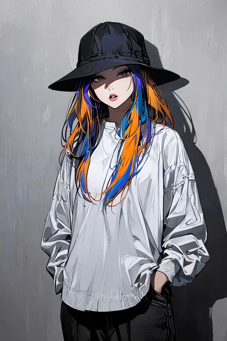 1girl, Alone, hat, hands_in_pockets, multicolored_hair, shadow, parted_lips, bangs, standing, white_shirt, looking_at_viewer, shirt,Background