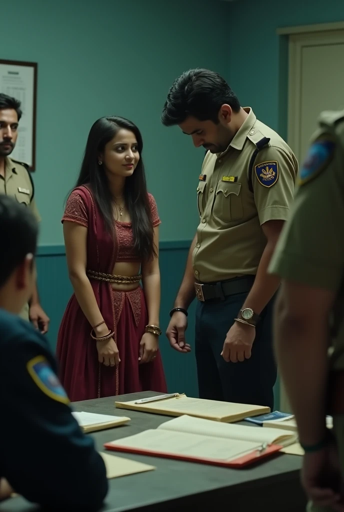 Indian acting class, entered the wrong room by mistake, white t-shirt and jeans, girl talking in front of khaki uniform police officer