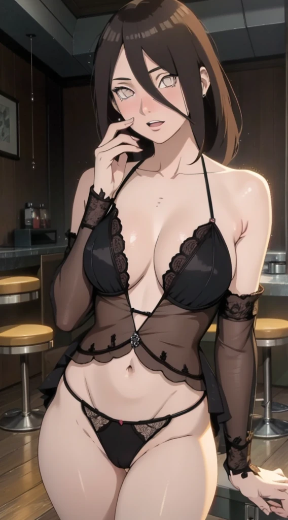 masterpiece, best quality, looking at viewer, mature female, large breasts, low ponytail, underwear, breasts, bra, panties, thighhighs, navel, brown_eyes, brown_hair, lamppost, black_bra, black_panties, large_breasts, skindentation, outdoors, looking_at_viewer, cleavage, lace-trimmed_bra, night, rain, long_hair, solo_focus, lace_trim, blush, parted_lips, stomach, underwear_only, thighs, bangs, garter_straps, lingerie, 1girl, collarbone, street, car, bare_shoulders, hand_up, lace-trimmed_panties, mole, umbrella, cowboy_shot, wet, string_panties, bare_arms, lace-trimmed_legwear, road, standing, building, mole_on_breast, black_thighhighs