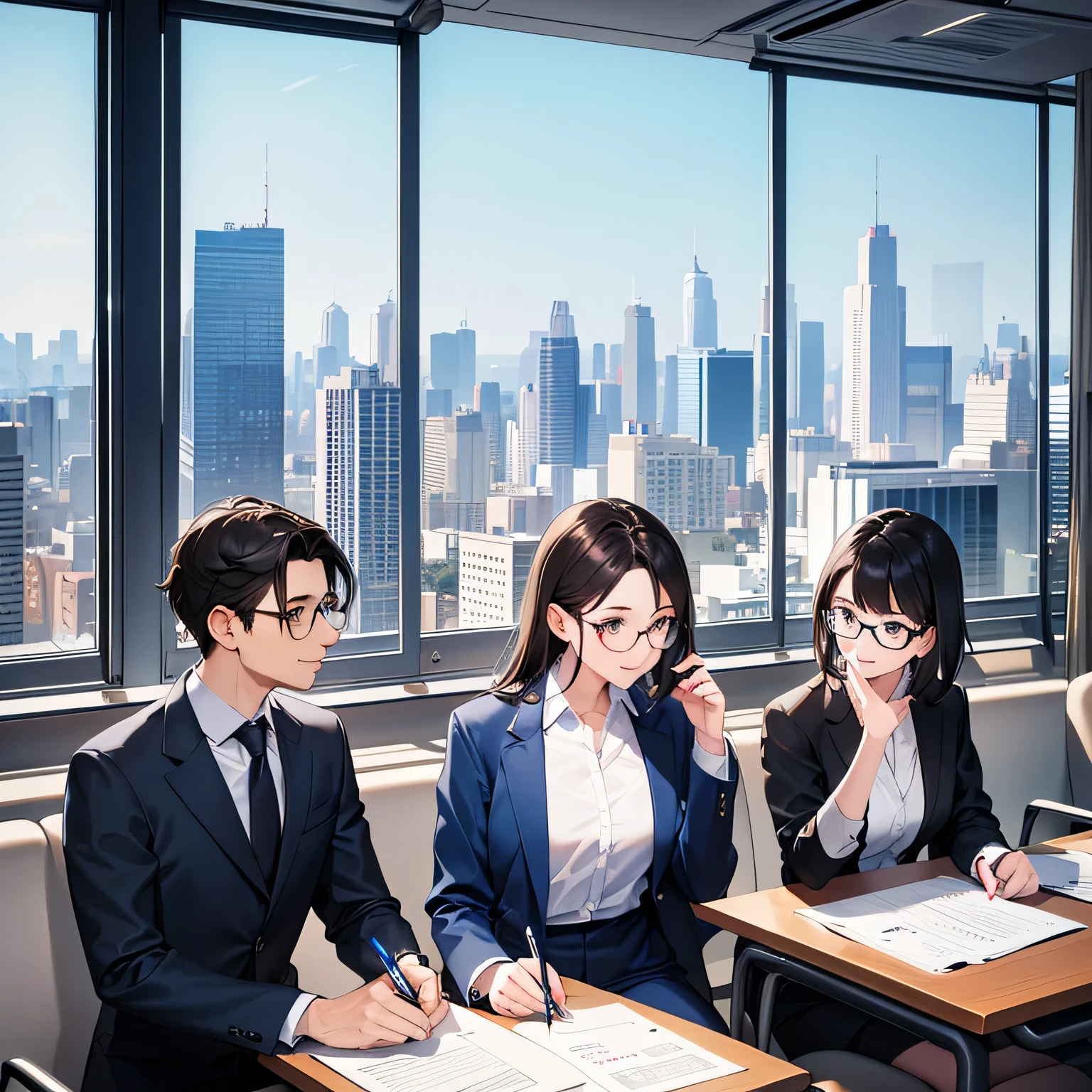 Professionals working in an office environment, one person standing in the center, one on either side, listening, one holding a pen, one reviewing recruitment materials, one wearing stylish glasses, one typing on a slim laptop, men and women in modern suits taking notes on paper, modern desk with recruitment posters and calendars; a city skyline in the background; soft natural light illuminating the room; high-resolution, detailed images; smiling faces and serious expressions conveying a desire to hire and career development.