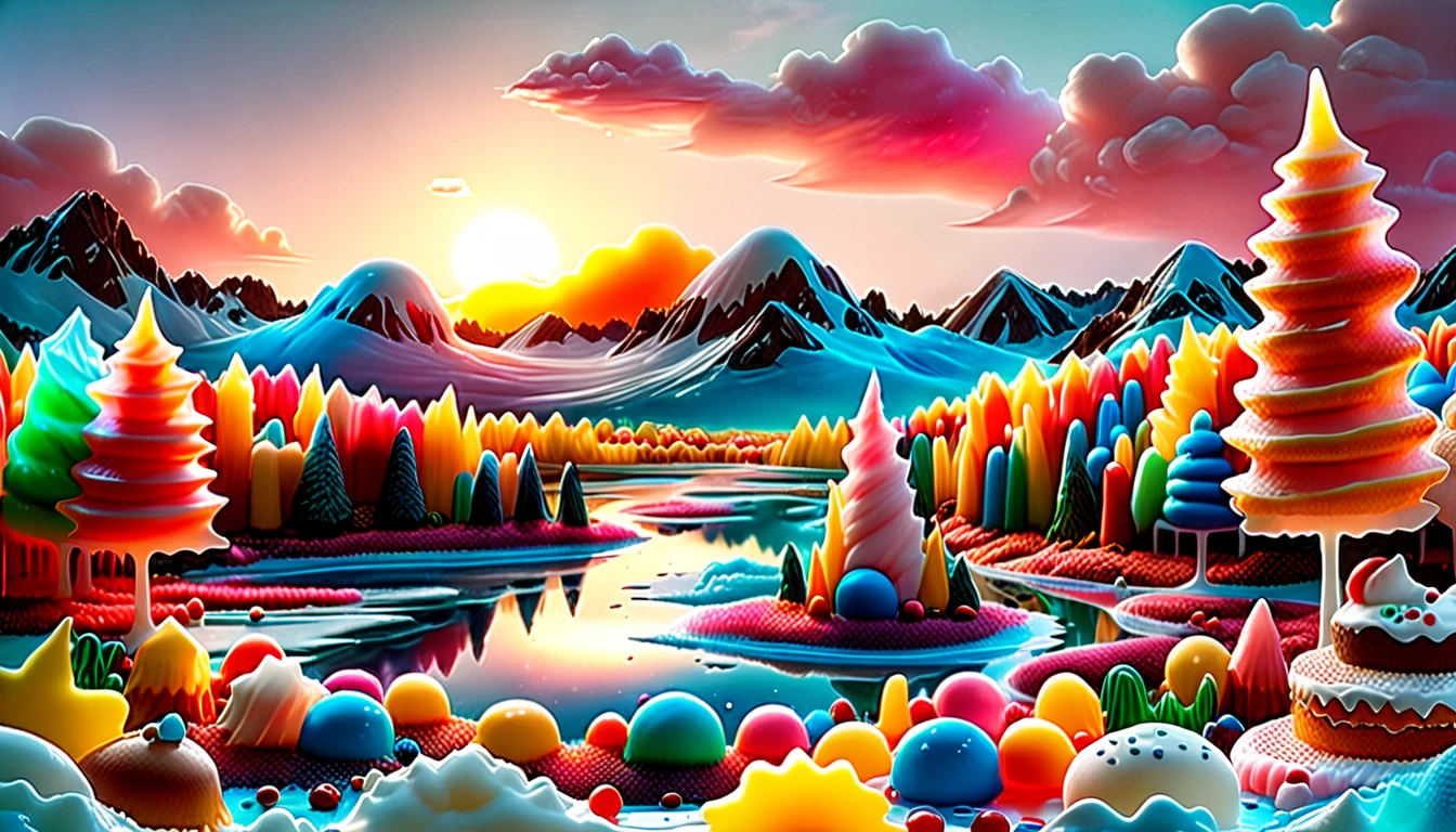 ((beautiful candy planet, floating in gelatin, you can see popsicle trees, rivers of icing, mountains of cakes, epic: 1.7)), long shot: 1.4, (masterpiece: 1.5), (Best quality: 1.6), (ultra high resolution:1.4), ((landscape, vibrant colors, sunrise, donut-shaped sun:1.7)), (( magical, Beautiful, dreamy idyllic:1.6 )), (( Best quality, vibrant, 32k, clear and well-defined shadows, sharpness in the image: 1.6)).