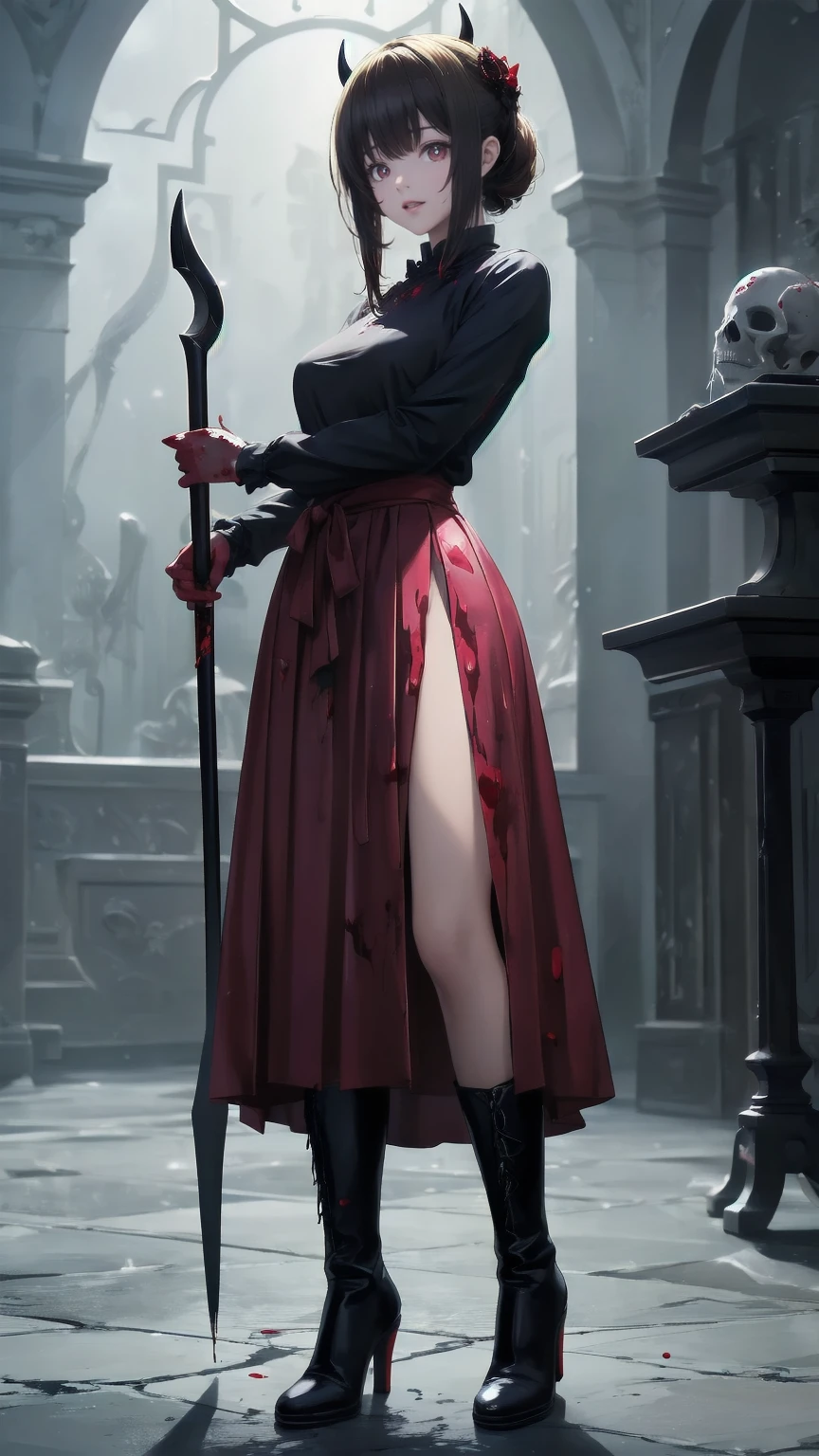 Shadowy Face　、beautiful girl、とてもcute天使、 pink t-shirt 、cute、、smile、 long skirt、 BLACK LONG BOOTS 、.(  best quality ,4K, high definition ,  Masterpiece :1.2),  very detailed,Realistic:1.37,  Spooky altar background  ,Dark fantasy,Red Scheme ,Ominous atmosphere,Eye-catching,story,anatomy,Anime Style,  concept art,beautiful細部までこだわった顔と (((red eyes ))),A terrifying ritual ,Satan's Ritual  ,Premature death,Inappropriate behavior, smile ,Scythe Face,Girl Monster, beautiful,  delicate facial features,   sharp eye,  sharp fangs, pale Skin, Dark Background,   movie lights, Dramatic Shadows,  gothic,   Being in a Dark Atmosphere , Dark fantasy, 1 person&#39;S,  please open your mouth wide ,  In the dark atmosphere of 。 open your mouth and peel your fangs  , Beastly Sharp Teeth , Wide lips, Very big mouth,  red cheeks , ,( Blood Splatter :1.4),Scary smile, smile, angel design , TwiSted smile、Bloody、Head bleeding,,,,,、 Blood Splatter 、,( Blood Splatter :1.4), skull bones,devil&#39;s gun,Horror Style, (( Fantasy Sweet Taffle Ruffle Pink Costume)), ((  Flowing blonde hair  )), ,( Blood Splatter :1.4),Female Curves,  sexy flat stomach ,   Perfect Hand , Perfect anime face, (Pink Tata Dress)),  standing, ((悪のsmile)), ,( Blood Splatter :1.4), Steam circulation, Moonlight Illumination, night lighting, ( Blood Splatter :1.6),アニメ angel design , TwiSted smile、Bloody、Head bleeding,,,,,、 Blood Splatter 、,( Blood Splatter :1.4),  skull bones,Gothic architecture、Western architecture、  fantasy world  、,Victorian city, Skeleton Gas Light, absurd,  high definition 、 ((   Table Top )), ((  best quality )), (  very detailedな), ((  very detailed)), (beautiful), ((cute)), (NFSW:1.8), Alone,(:1.6)、(world&#39;最も恐ろしく気味の悪いdevilの女の子:1.5)beautiful face、  Full Body Esbian 、pale, beautiful肌、beautiful金の髪、smile gently、Dark building ruins、(snow white&#39; ruffle dress:1.3)、( Dark Ruins Are Stained with Blood :1.3)、Low angle full body shot、(少女は血の海の中に standing:1.5)、(The ground :1.3)、( that girl lost a ton of blood ....:1.3)、( smile :1.6)、Spirit、( Blood dripping from the mouth :1.3)、
