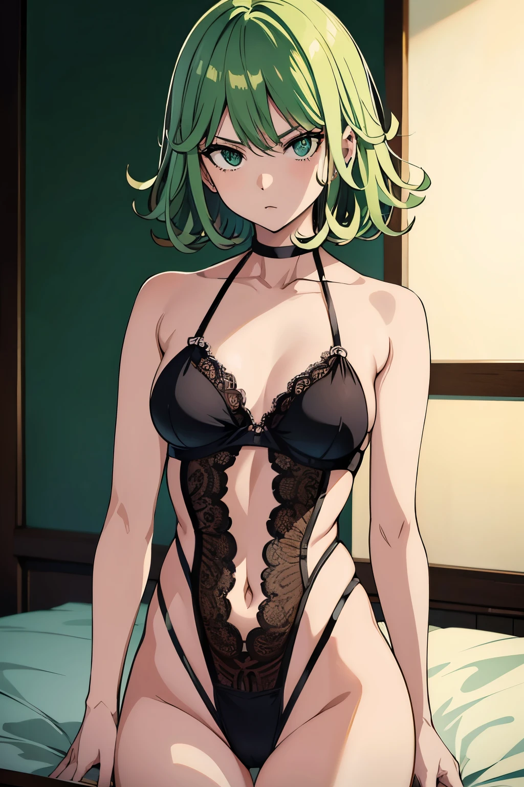 NSFW,masterpiece,Highest quality,High resolution,Super detailed,Uber\(Funeral of Frieren\),Green Hair、bangs、Hair between the eyes、Side Ponytail、Purple Eyes、Black choker、clavicle、High slit lace long dress、Sleeveless see-through dress、Halter neck,belt,Embarrassed,blush,(Prostitute),Luxurious Room,Brothel at night,heart,Sexy pose,Lying down,Lying on your back,From above,(Sex slave)