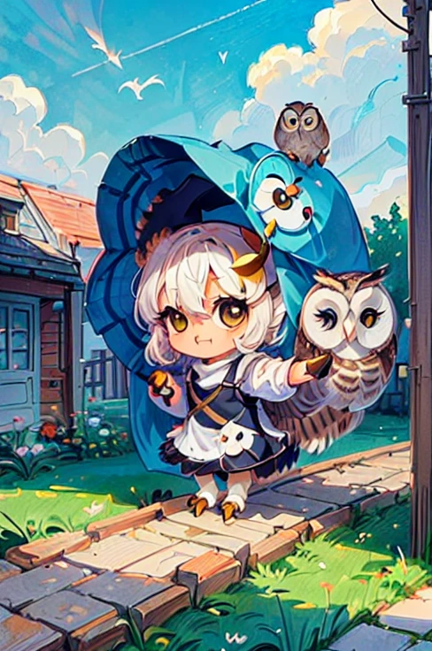 (((Little cute ，Chibi character，Many owls surround the area:1.3)))，An illustration of a bustling station, The background is an illustration of a bustling unmanned station in the countryside ， Details， high definition ，8ｋ，masterpiece:1.3，Professional photography，