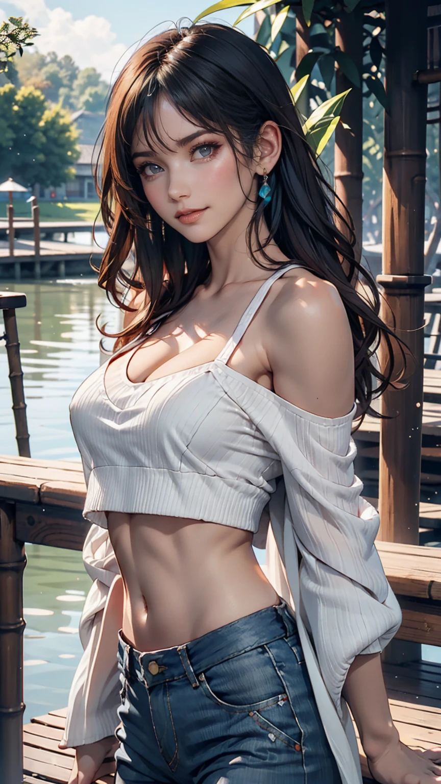 24-year-old female、Sexy proportionature female body、Bleached Hair, Model pose, Delicate skin types, Light curly hair、Hair model photo、Twin tails、Orange gradient color、Scrunchies on the wrist、Sexy proportions、Off-the-shoulder tops、Navel visible、Shorts、short boots、She is a witch、Has mastered the magic of flying、Flying on a magic broomstick just above the water、Fly through the sky on a magic broom like Harry Potter、A small island on the horizon々Scattered、Clearing blue sky、