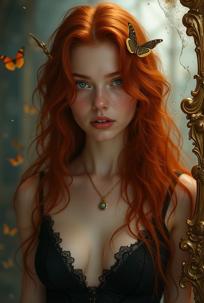 (solo, full body photo:1.3), (action packed:1.3), (haze, fog, mist:1.3), chiaroscuro, best quality, photorealistic, 1woman, (cute), (24yo:1.2), redhead, long ginger hair highly detailed, 1700'S, digital photography, art by artgerm and ruan jia and greg rutkowski surreal painting gold butterfly filigree, broken glass, (masterpiece, sidelighting, finely detailed Fashionable eyes: 1.2) (perfect oval large eyes that gazes at the viewer), beautiful detailed face, blue gorgeous perfect eyes, (blonde hair ponytail), (attractive young woman:1.3), (thick amazing hair), (seductive:1.1), (blushing:1.1)