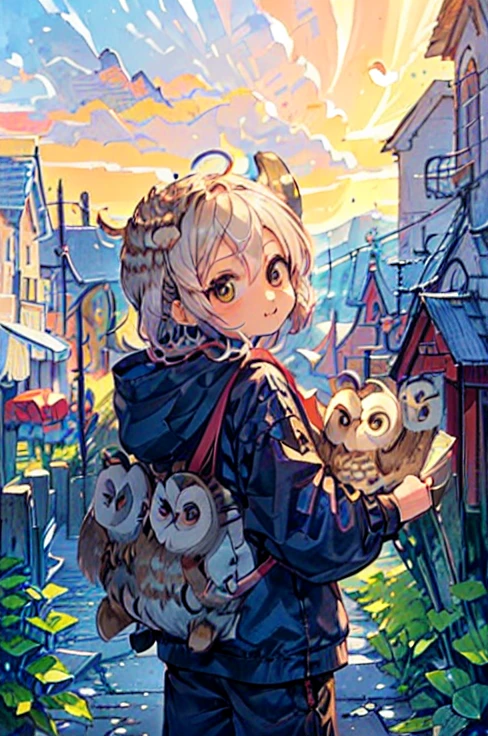 (((Little cute ，Chibi character，Many owls surround the area:1.3)))，An illustration of a bustling station, The background is an illustration of a bustling unmanned station in the countryside ， Details， high definition ，8ｋ，masterpiece:1.3，Professional photography，