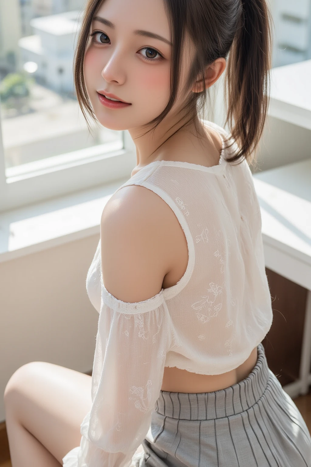 A beautiful East-Asian slender woman, long dark hair, looking over her shoulder, soft smile, wearing a white blouse with lace details and a light grey skirt with vertical stripes, sitting by a window with sunlight streaming in, soft and natural lighting, calm and serene atmosphere.