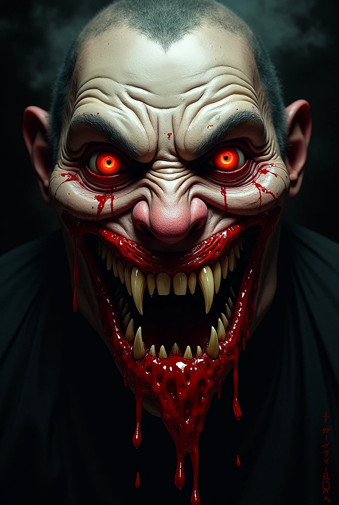 A creature taken from children's nightmares,horror,illustration,demonic,dark,sinister,youthful,surrealistic,monster,fantasy beings,sharp teeth,long claws,bloody mouth,slimy skin,glowing eyes,dark shadows,intense expression,self-luminous,lurking in the dark,nightmarish silhouettes,[cartoonish],sinisterly grinning clown,spooky atmosphere,terrifying presence,unsettling details,(best quality,4k,8k,highres,masterpiece:1.2),ultra-detailed,(realistic,photorealistic,photo-realistic:1.37),vivid colors,sinister lighting,nightmare-inducing composition