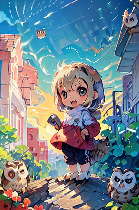 (((Little cute ，Chibi character，Many owls surround the area:1.3)))，An illustration of a bustling station, The background is an illustration of a bustling unmanned station in the countryside ， Details， high definition ，8ｋ，masterpiece:1.3，Professional photography，