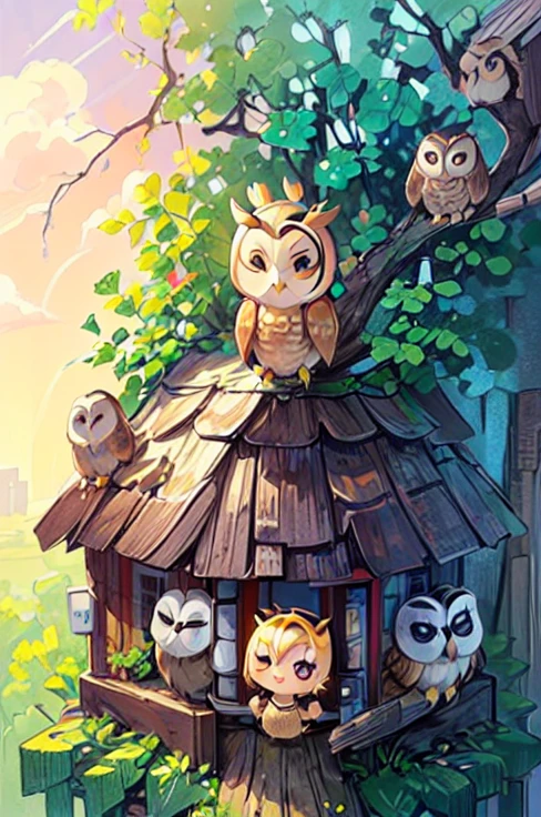 (((Little cute ，Chibi character，Many owls surround the area:1.3)))，An illustration of a bustling station, The background is an illustration of a bustling unmanned station in the countryside ， Details， high definition ，8ｋ，masterpiece:1.3，Professional photography，