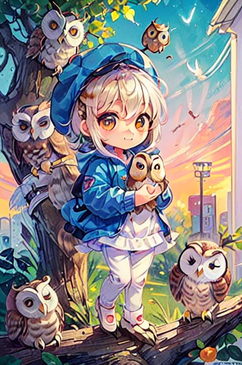 (((Little cute ，Chibi character，Many owls surround the area:1.3)))，An illustration of a bustling station, The background is an illustration of a bustling unmanned station in the countryside ， Details， high definition ，8ｋ，masterpiece:1.3，Professional photography，