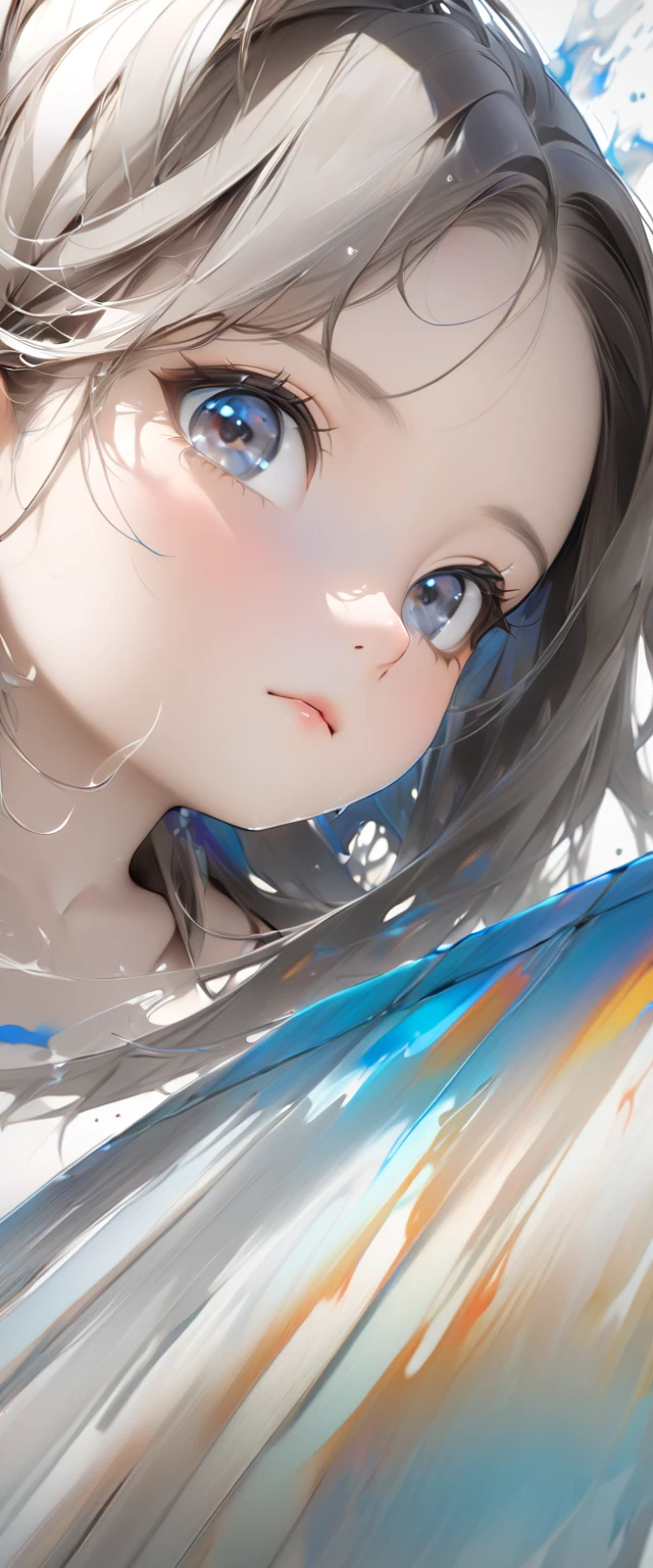 Oriental beautiful girl, young age 10, full nude, white transparent realistic painting, color splash rendering, facial texture is clear, long brown hair with silvery white and dark gray highlights. Double ponytails tied on both sides, loose boobs, blue wristbands, white sand background, messy strokes. Close-up of character (perfect anatomy) beautiful and very fine texture, detailed and bright, high resolution and high quality presentation of animation style