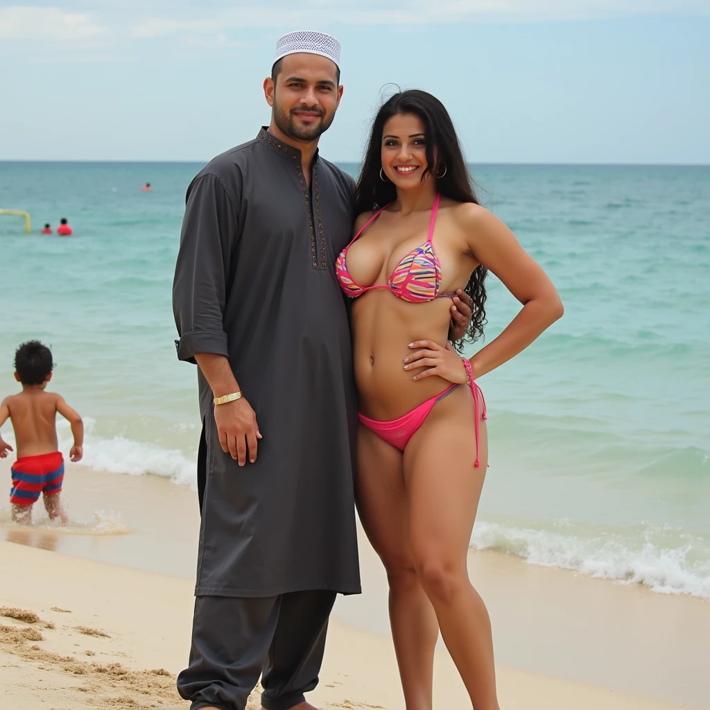 a bollywood mom with big boobs posing in a bikini with a muslim man in kurta and islamic cap . a little son plays nearby