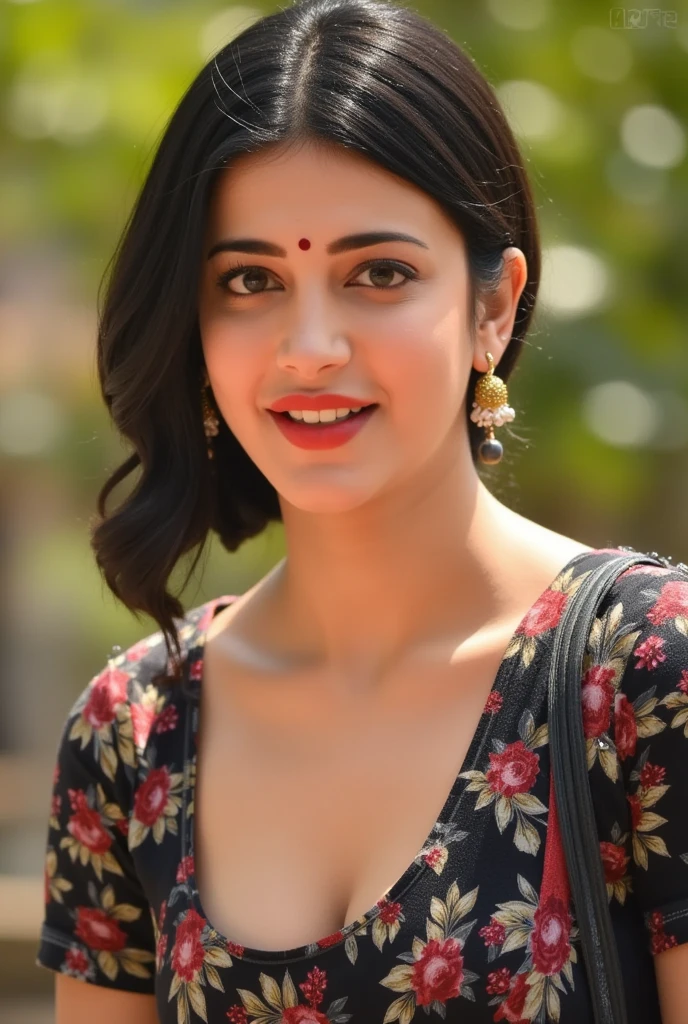 (masterpiece, best quality:1.2), 1girl, solo, Shruti,1girl, 3d, artist name, asian, black hair, blurry, blurry background, blurry foreground, bokeh, breasts, cleavage, collarbone, depth of field, earrings, jewelry, lips, lipstick, looking at viewer, makeup, medium breasts, motion blur, open mouth, photo \(medium\), photo inset, photorealistic, realistic, red lips, reference inset, short hair, sitting, smile, solo focus, teeth, upper body