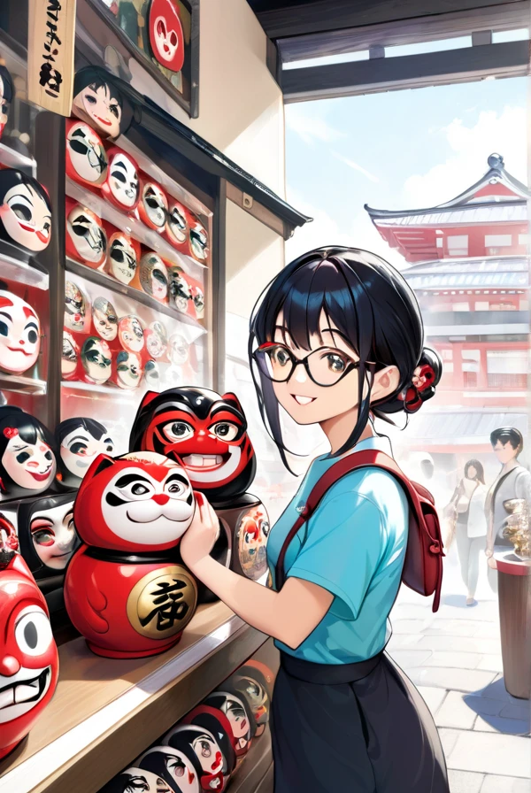 Black hair, glasses, a smile, a souvenir shop in a tourist spot, a big Daruma doll,