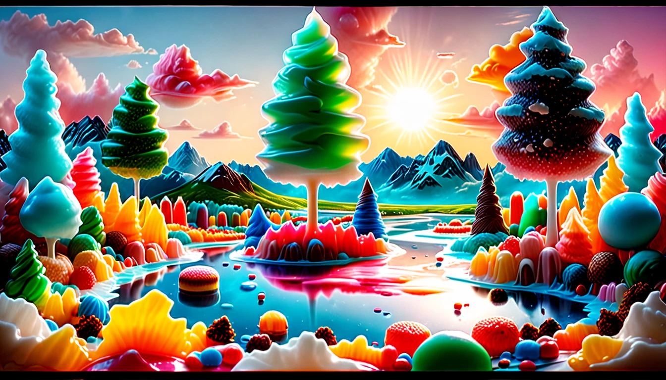 ((beautiful candy planet, floating in gelatin, you can see popsicle trees, rivers of icing, mountains of cakes, epic: 1.7)), long shot: 1.4, (masterpiece: 1.5), (Best quality: 1.6), (ultra high resolution:1.4), ((landscape, vibrant colors, sunrise, donut-shaped sun:1.7)), (( magical, Beautiful, dreamy idyllic:1.6 )), (( Best quality, vibrant, 32k, clear and well-defined shadows, sharpness in the image: 1.6)).