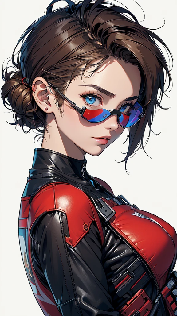 highest quality、Realistic、Women、zoom、Light blue eyes、maroon short hair、freckles、Hero Suit、Glossy white bodysuit、Blue and gold accents、slender、Dark Skin、Glasses、Rooftop、An inappropriate smile、Bust Shot、