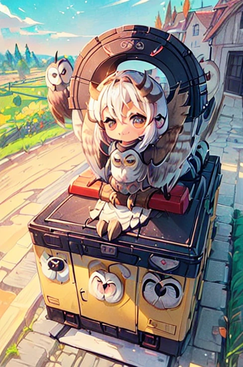 (((Little cute ，Chibi character，Many owls surround the area:1.3)))，An illustration of a bustling station, ((An unmanned station in the countryside：1.3))， Details， high definition ，8ｋ，masterpiece:1.3，Professional photography，