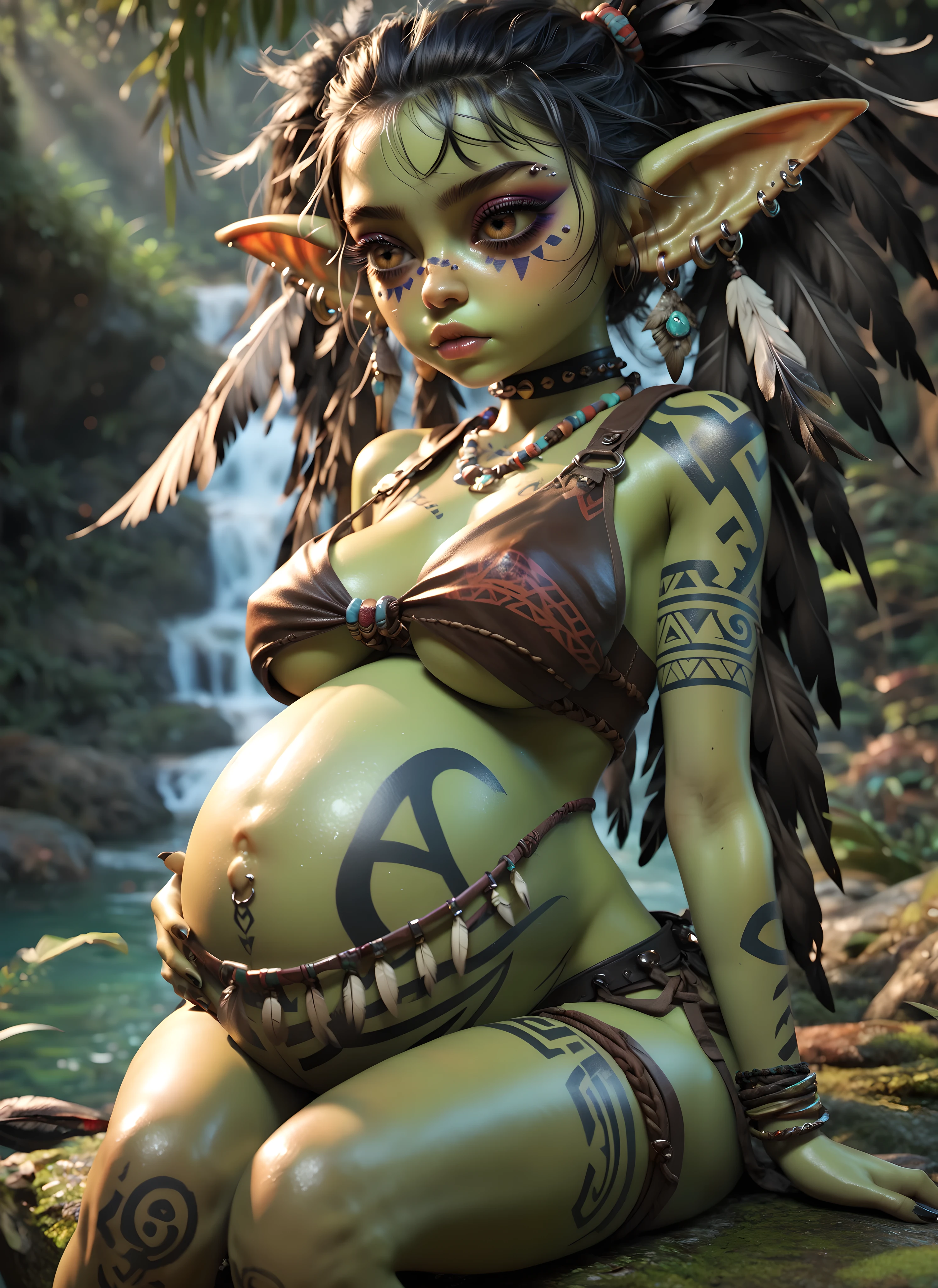 ((Alone:1.2)), close up, GobGirl, green skin, short, long ears, large ears, piercings, colored skin, monster_girl 1girl, pointy ears, goblin, shortstack, long pointy ears, earrings, sitting, a hyper-realistic and ultra-detailed photo of a beautiful girl, ultra-realistic, background of a cave with crows flying, ((th3rm4l)), colorful, Iris Owl Spectacled Owl Pulsatrix perspicillata, skin of feathers, ((big round breasts:1.2)), underboobs, ((black feather hair)), shiny skin, Very sexy black feather outfit, body adorned with black feathers, ((black feather shoulder)), ((feather)) owl lens, ((very huge tribal tattooed body:1.2)), ((breasts tattooed with tribal:1.3)), creeper, leaves, ((caressing her pregnant belly:1.2)),