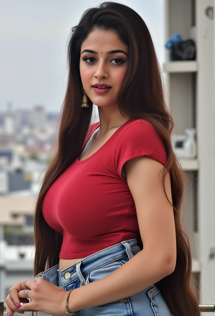 Full Body of A shy-looking Indian woman with long braided hair, black eyes , large breast, standing in balcony, wearing jeans and red t shirt, with 
focus on ass, perfect composition, hyperrealistic, super detailed, 8k, high quality, trending art, trending on artstation, sharp focus, studio photo, intricate details, highly detailed, art by greg rutkowski