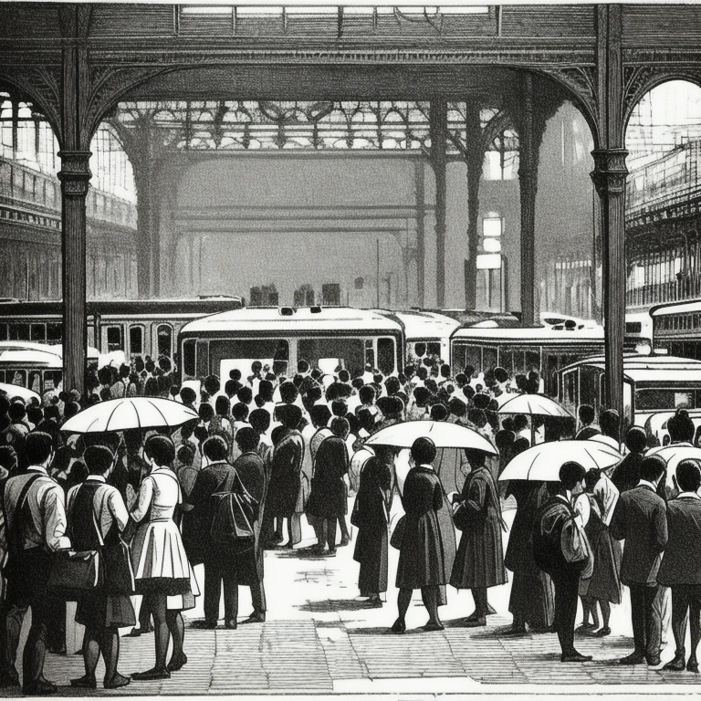 A busy train station filled with a bustling crowd, people gathering near the train, focusing on a chubby girl in a tight silky dress hugging a muscular, handsome boy, their embrace contrasting with the chaos around them