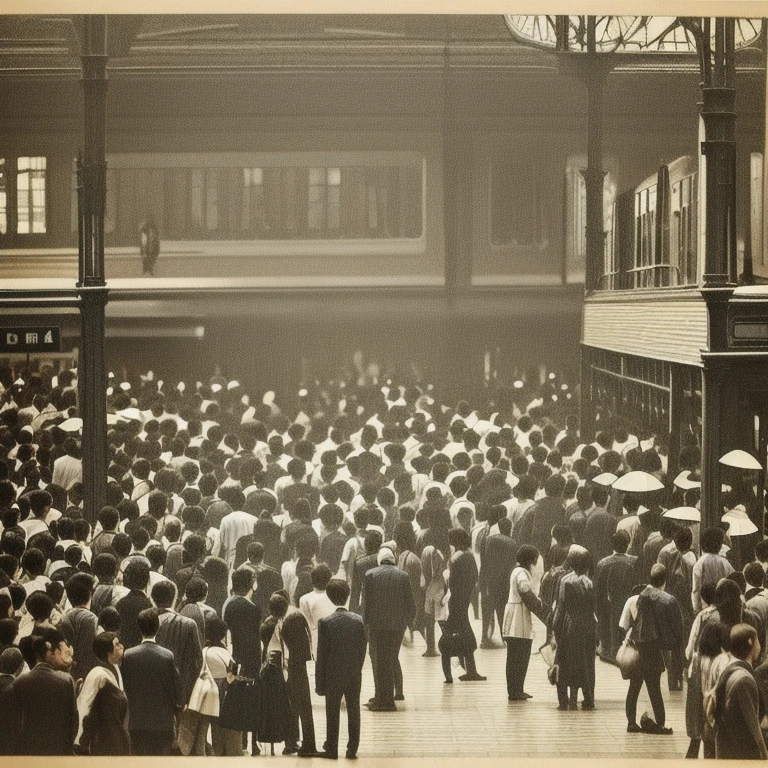 A busy train station filled with a bustling crowd, people gathering near the train, focusing on a chubby girl in a tight silky dress hugging a muscular, handsome boy, their embrace contrasting with the chaos around them