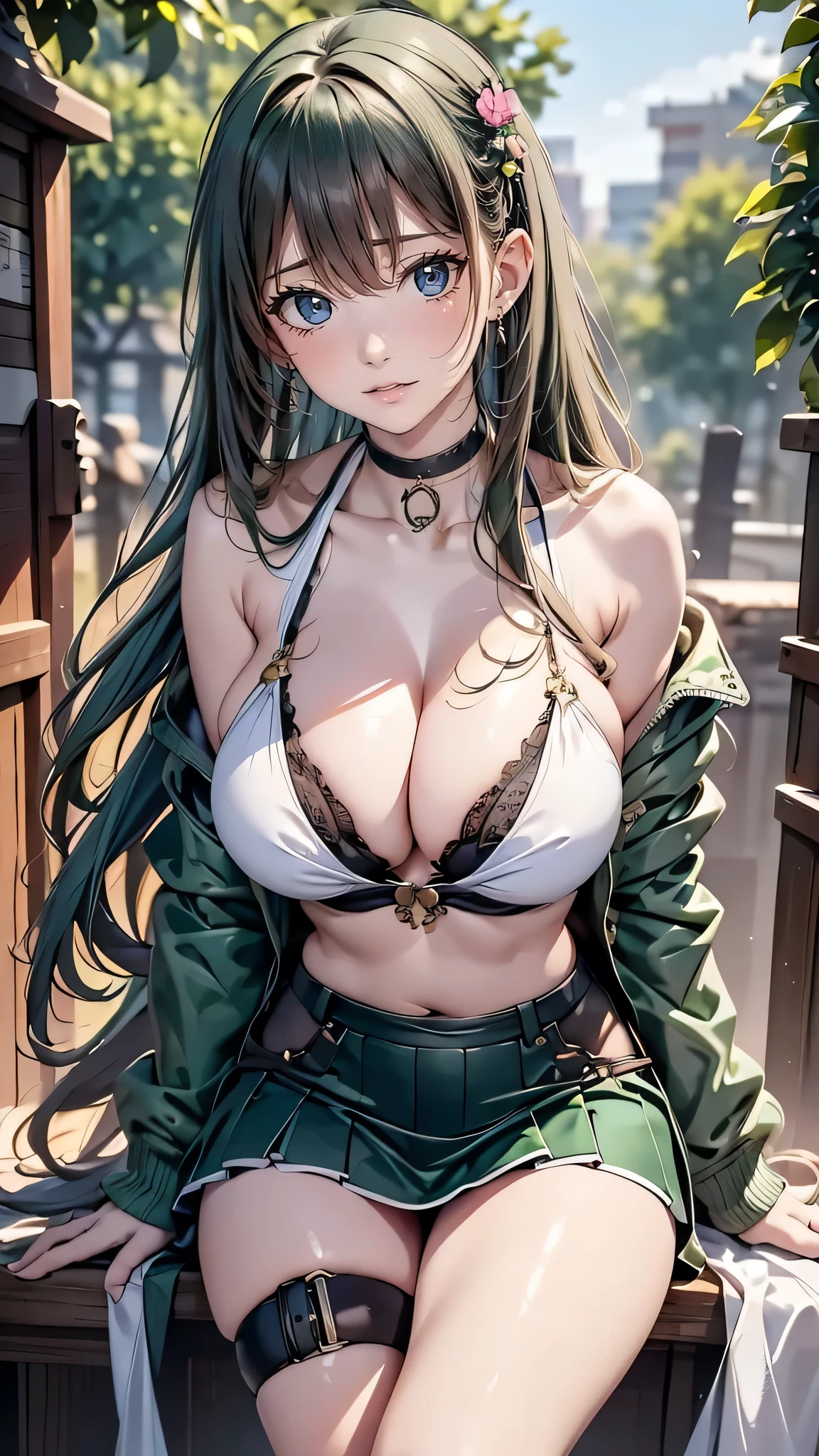 best quality, 超A high resolution, detailed face, detailed eye, ((Deep green:1.3)), 1 girl, Beautiful woman, big and full breasts, Jacket, mini skirt, punk fashion,