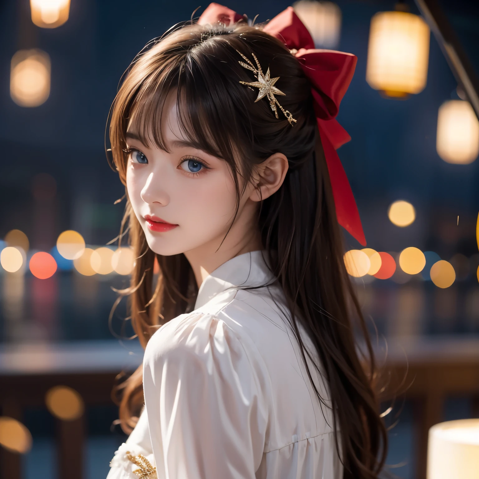 ( extremely exquisite and beautiful : 1.2), 1 Girl,  bangs,  blue eyes, Vague, Vague background, bow,   brown hair  , Residence, side view,  hair between eyes , hair bow, lantern, Light Particles, Long sleeve,  watching the audience,  medium length hair , night, red bow,  unique , Star(symbol),  upper body,  Smile,  red lips