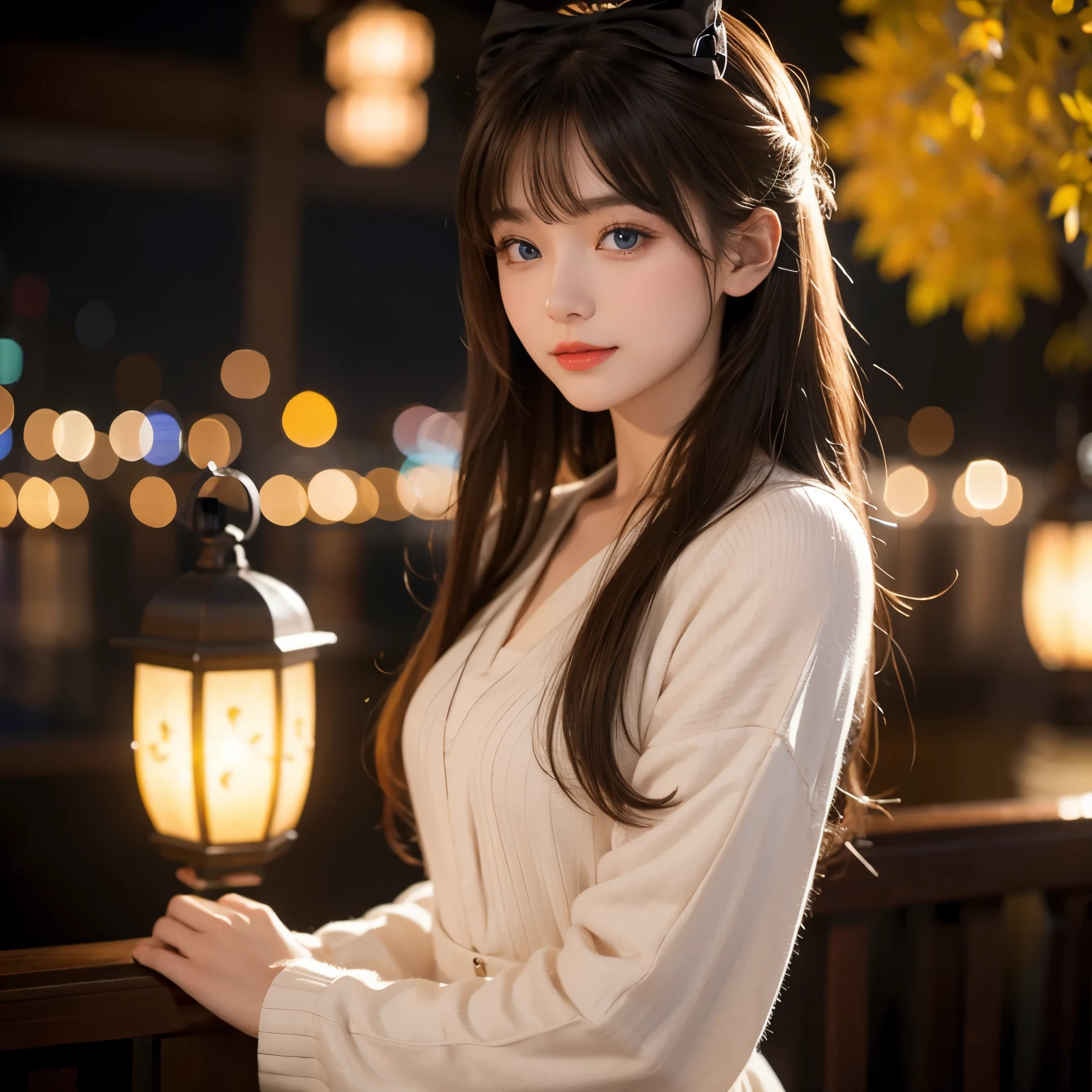 ( extremely exquisite and beautiful : 1.2), 1 Girl,  bangs,  blue eyes, Vague, Vague background, bow,   brown hair  , Residence, side view,  hair between eyes , hair bow, lantern, Light Particles, Long sleeve,  watching the audience,  medium length hair , night, red bow,  unique , Star(symbol),  upper body,  Smile,  red lips