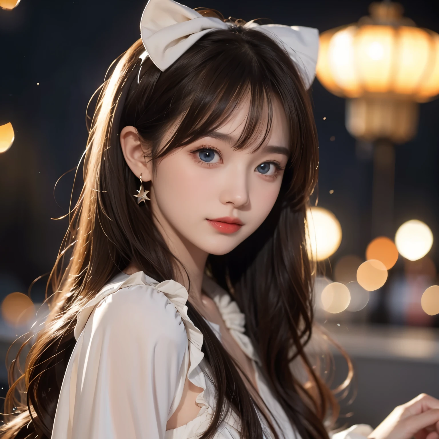 ( extremely exquisite and beautiful : 1.2), 1 Girl,  bangs,  blue eyes, Vague, Vague background, bow,   brown hair  , Residence, side view,  hair between eyes , hair bow, lantern, Light Particles, Long sleeve,  watching the audience,  medium length hair , night, red bow,  unique , Star(symbol),  upper body,  Smile,  red lips