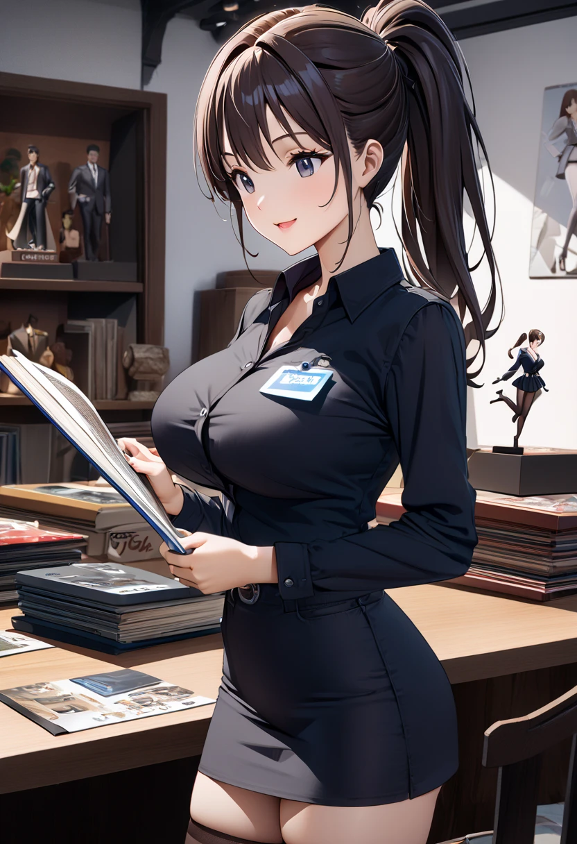  best quality、 Ultra Precise 、Detailed drawing、 vibrant colors、alone、Beautiful girl 、Age 30、classic car shop、table、Beautiful big boobs、 business suit、 shirt 、Name tag、 Mini Skirt、 black stockings、Catalog book in hand 、smile、Beautiful figure、 ponytail、Butt、 see here、 slender figure、Accurate depiction、 anime style illustration、
