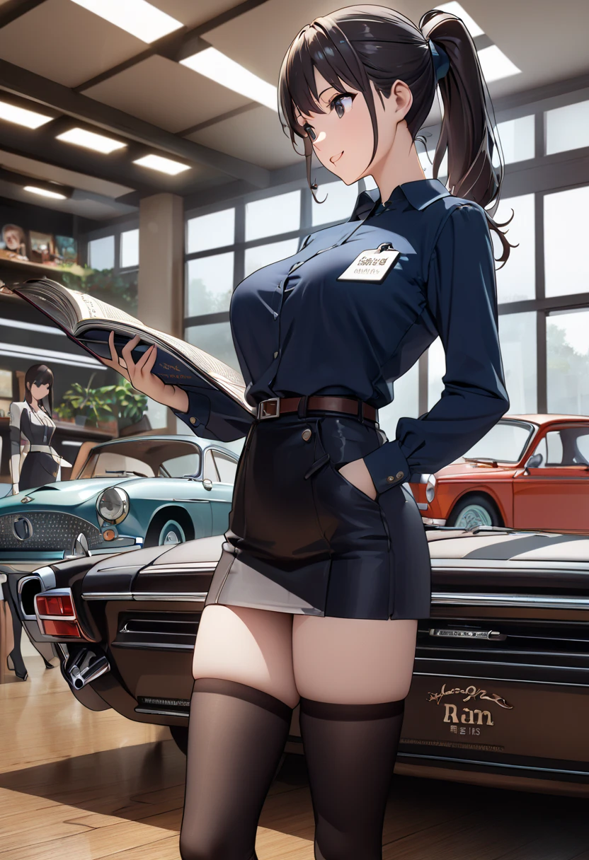  best quality、 Ultra Precise 、Detailed drawing、 vibrant colors、alone、Beautiful girl 、Age 30、classic car shop、table、Beautiful big boobs、 business suit、 shirt 、Name tag、 Mini Skirt、 black stockings、Catalog book in hand 、smile、Beautiful figure、 ponytail、Butt、 see here、 slender figure、Accurate depiction、 anime style illustration、
