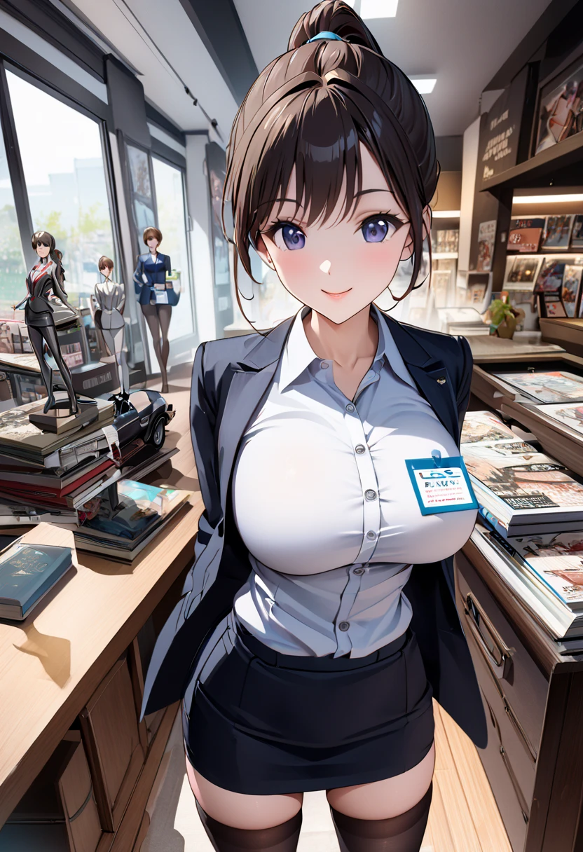  best quality、 Ultra Precise 、Detailed drawing、 vibrant colors、alone、Beautiful girl 、Age 30、classic car shop、table、Beautiful big boobs、 business suit、 shirt 、Name tag、 Mini Skirt、 black stockings、Catalog book in hand 、smile、Beautiful figure、 ponytail、Butt、 see here、 slender figure、Accurate depiction、 anime style illustration、
