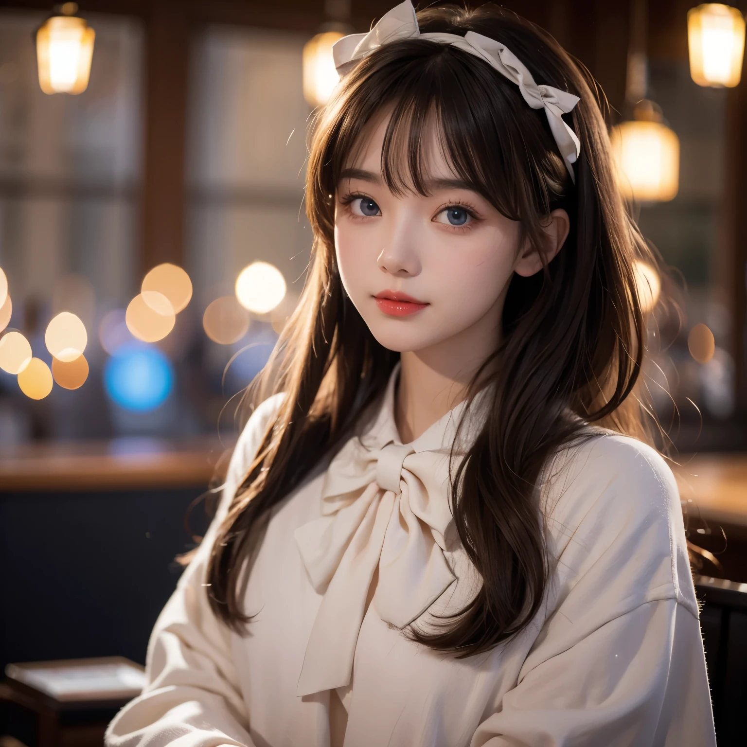 ( extremely exquisite and beautiful : 1.2), 1 Girl,  bangs,  blue eyes, Vague, Vague background, bow,   brown hair  , Residence, side view,  hair between eyes , hair bow, lantern, Light Particles, Long sleeve,  watching the audience,  medium length hair , night, red bow,  unique , Star(symbol),  upper body,  Smile,  red lips