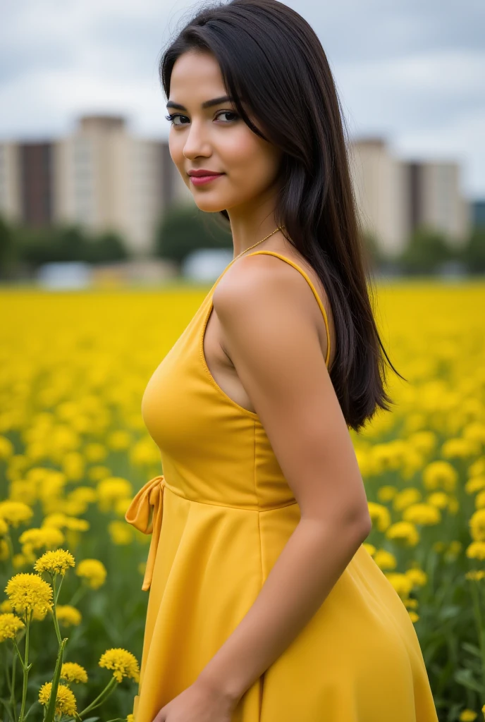 Beautiful Latin girl, field, High Lawn ,  yellow dress , sensual pose, straight hair,  black hair, short height, Alone, photograph, Sensual essay,  high quality , detail-oriented,  tanned skin ,  Long hair