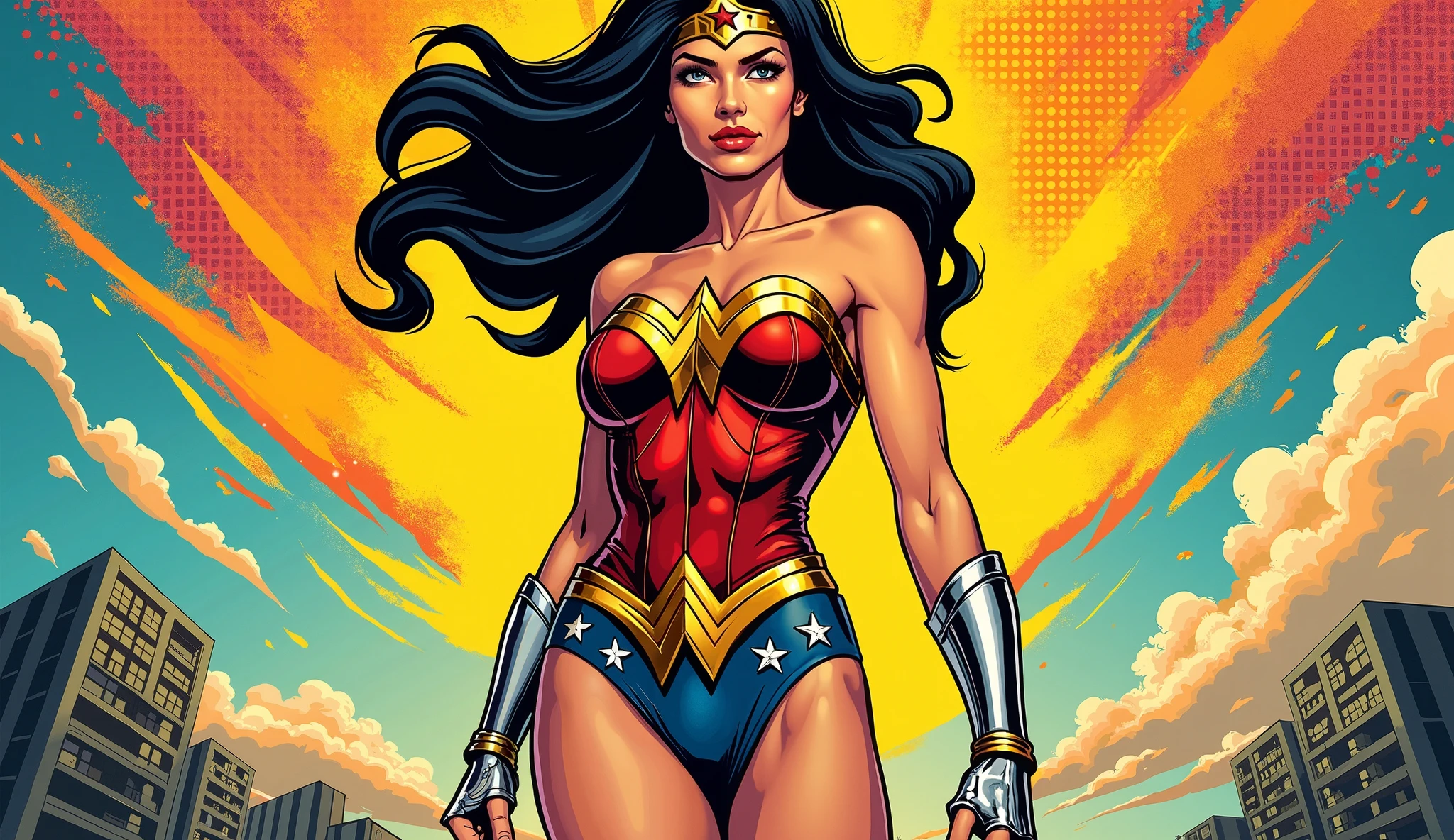 (((COMIC STYLE, CARTOON ART))). A comic book-style image of Wonder Woman, with her as the central figure. She's on the move, leaping from one building to another, her hands holding the lasso of truth. She wears a red, blue and gold outfit, with a white star on her chest and a golden tiara on her forehead. (((hot body, sexy, sensual, camel toes))).She has long, straight dark hair, blue eyes and serious lips. She is surrounded by a night city, with skyscrapers, bridges and lights. She has a determined and vigilant expression, as if she is ready to fight crime.