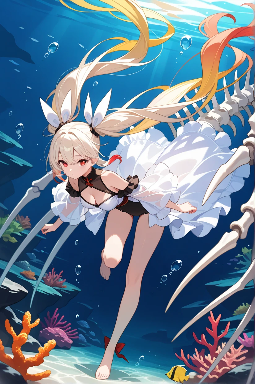 1girl,clothing cutout, breast cutout, red eyes, breast, underwater, very long hair, big twintails, wide twin tails,whitehair, yellow hair, multicolored hair, floating:1.3 under water, giant skeletal dragon:1.4, bubble, reefs, floating hair,knee high, masterpiece, best quality, ultra detailed, absurdres, newest