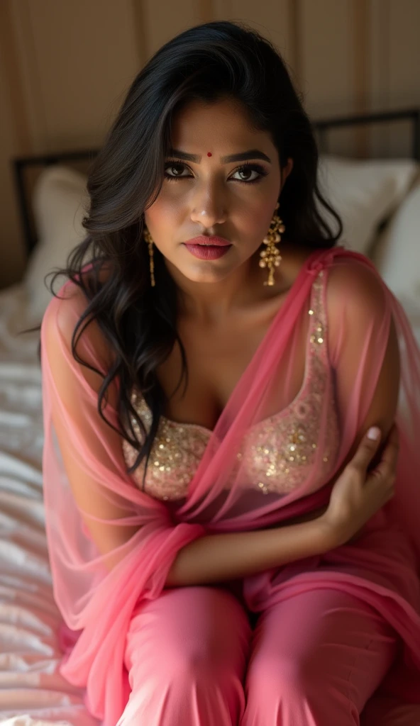 Beautiful girl in transparent saree off shoulder blouse lying on bed full body top view seductive pink lips cinematic ultra hd realistic 8k