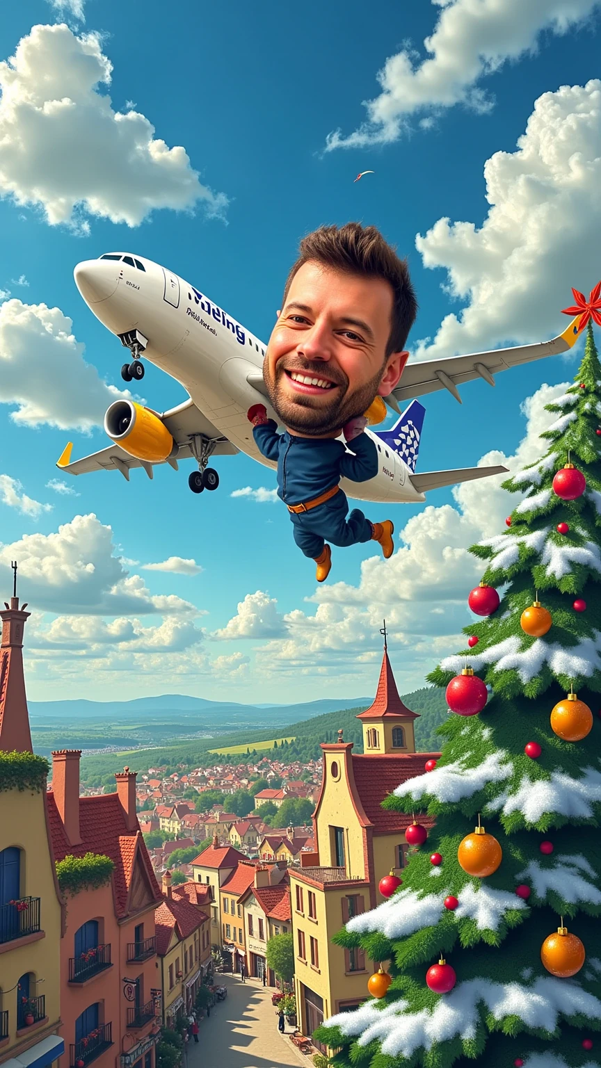 A whimsical caricature of a man hugging a Vueling airplane mid-flight. The airplane is white with yellow details, soaring through a picturesque sky filled with fluffy, vibrant clouds. The scene is viewed from above, revealing a charming French village below, adorned with festive Christmas decorations. A magnificent Christmas tree nearly touches the clouds, creating a magical atmosphere. Vibrant colors, cartoonish exaggeration, and a joyful holiday ambiance.
