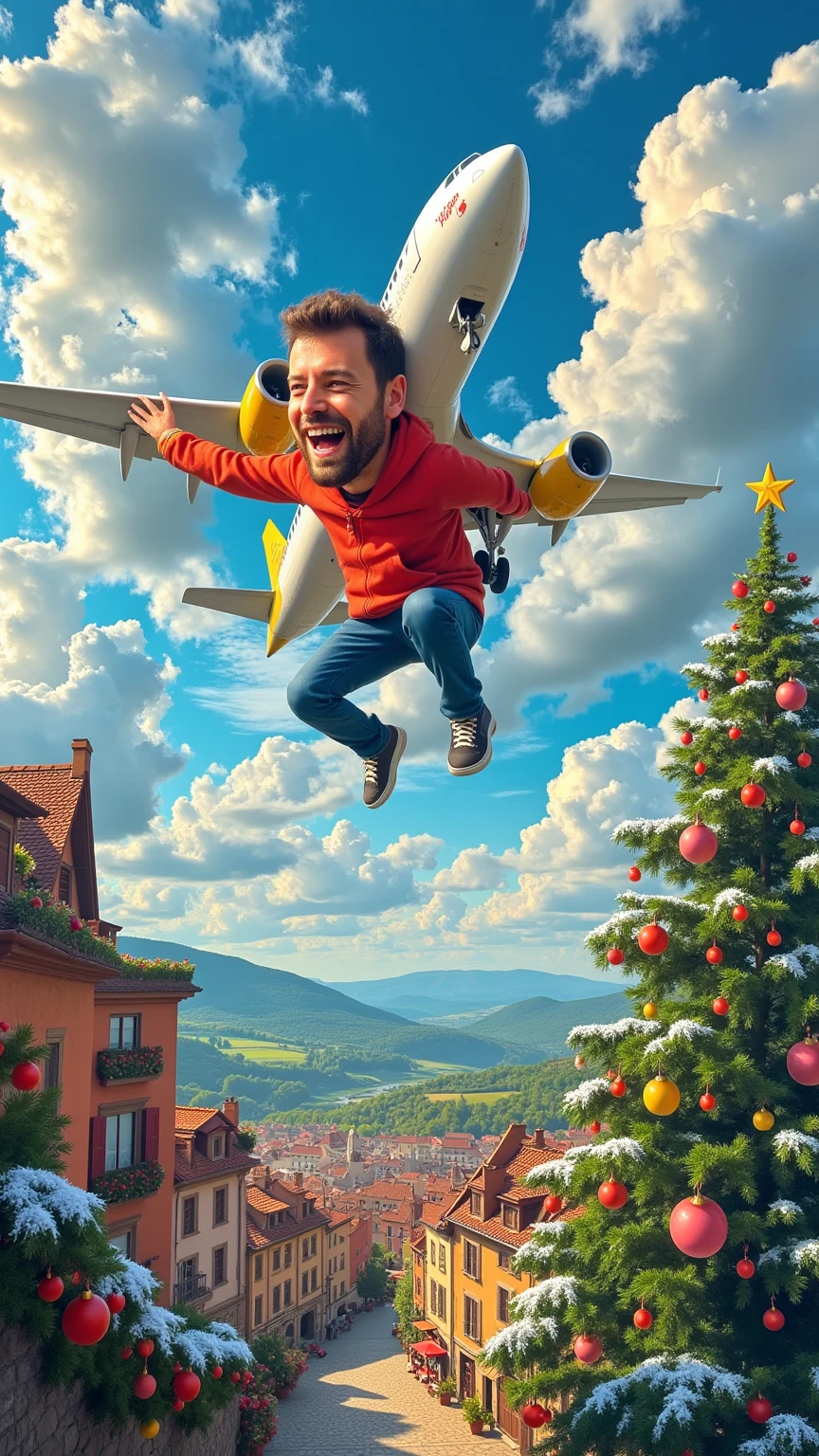 A whimsical caricature of a man hugging a Vueling airplane mid-flight. The airplane is white with yellow details, soaring through a picturesque sky filled with fluffy, vibrant clouds. The scene is viewed from above, revealing a charming French village below, adorned with festive Christmas decorations. A magnificent Christmas tree nearly touches the clouds, creating a magical atmosphere. Vibrant colors, cartoonish exaggeration, and a joyful holiday ambiance.
