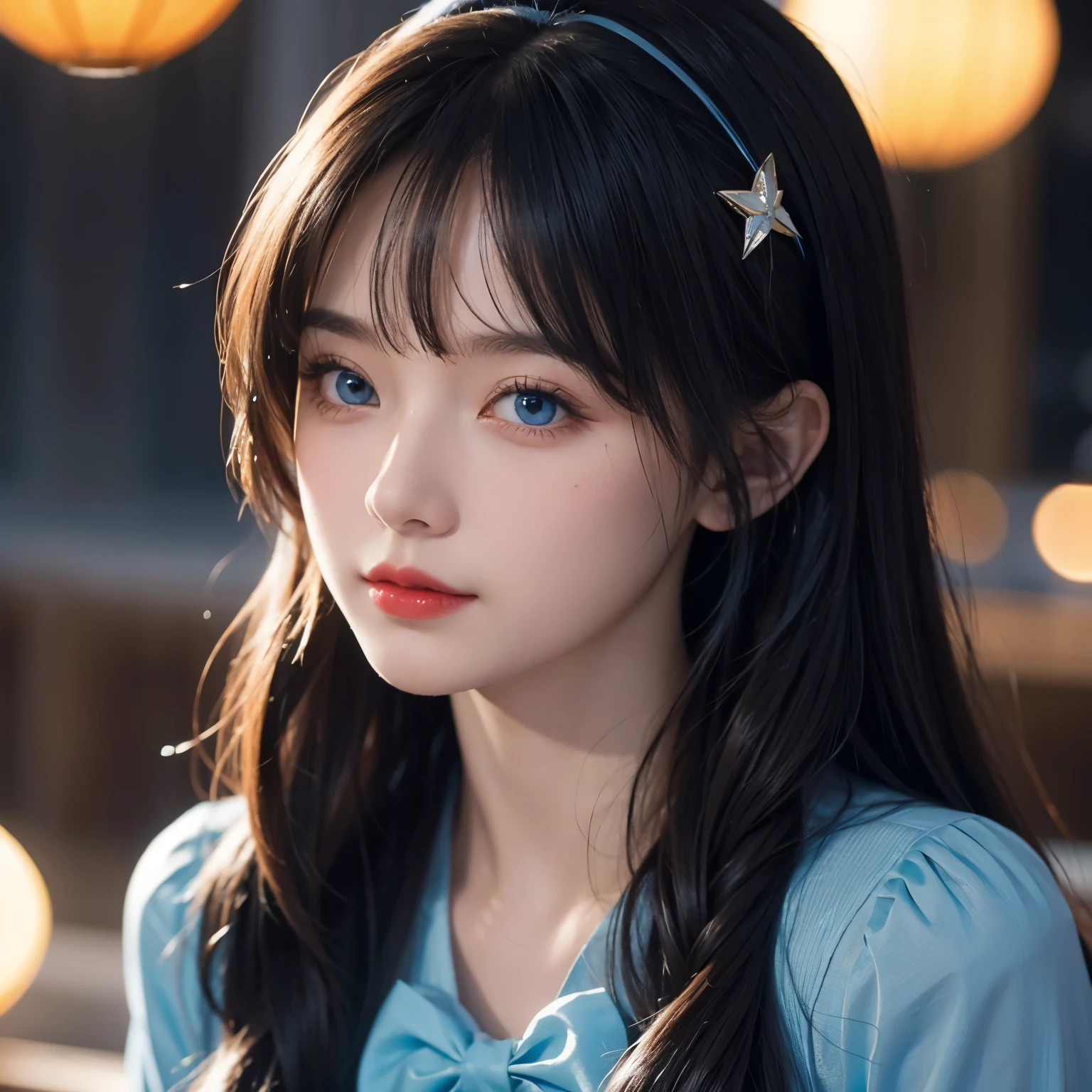 ( extremely exquisite and beautiful : 1.2), 1 Girl,  bangs,  blue eyes, Vague, Vague background, bow,  blue hair  , Residence, side view,  hair between eyes , hair bow, lantern, Light Particles, Long sleeve,  watching the audience,  medium length hair , night, red bow,  unique , Star(symbol),  upper body, Smile,  red lips