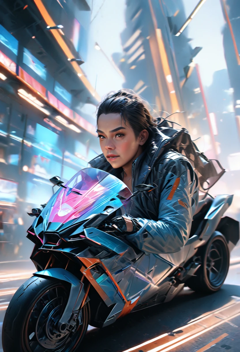 a tech man , 1man ,a high tech futuristic cyberpunk city,a woman riding a futuristic super bike at high speed,wearing a sleek black and neon outfit with goggles,chasing cinematically through the neon-lit streets,ultra detailed, 8k, hyper realistic, cinematic lighting, volumetric fog, depth of field, photorealistic, vibrant colors, 8k, high quality, photorealistic, 8k, (best quality,4k,8k,highres,masterpiece:1.2),ultra-detailed,(realistic,photorealistic,photo-realistic:1.37)
