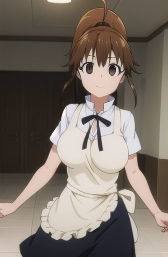 Popurataneshima, Popura Taneshima,  long hair,   brown hair, (  Brown Eyes  :1.5),    ponytail is bleeding from the vagina , Ahoge, smile,
break apron,   waitress  , Short sleeve,   skirt, black   skirt,
break indoors,   restaurant  ,
break looking at viewer, (  cowboy shoot alone :1.5),
break (  Masterpiece :1.2),   best quality,  It's high definition  ,    Unity 8K Wallpaper, (Illustration:0.8), (  Beautiful Delicate Eyes  :1.6),    A very detailed face in pale blue underwear ,   perfect lighting,   Highly Detailed CG , (    Perfect Hand  ,   Perfect Anatomy  ),Big Breasts , Big Breasts ,  hollow eyes , nude